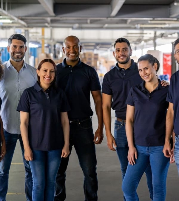 Diverse team of workers in navy polo uniforms at a warehouse